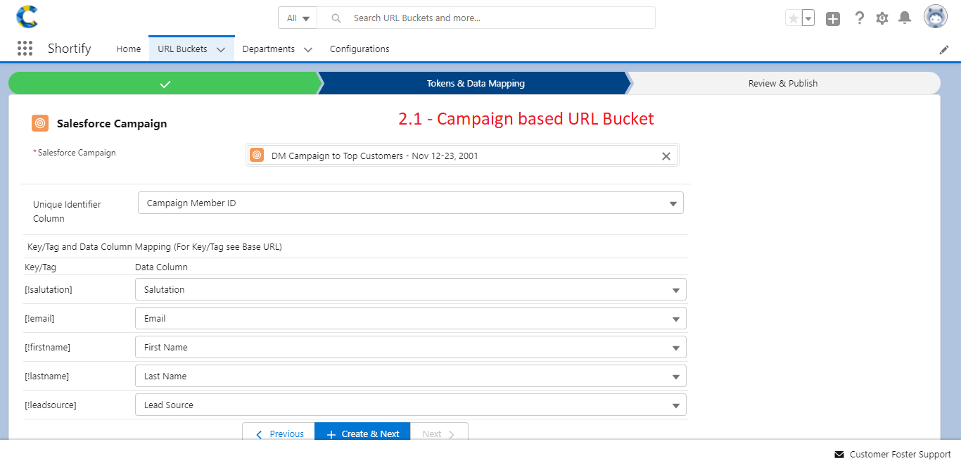 Shortify Campaign based bucket creation flow - Map tag and columns