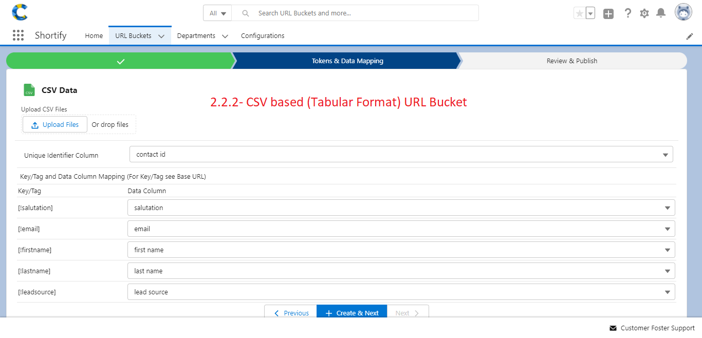 Shortify CSV based bucket creation flow - Map tag and columns
